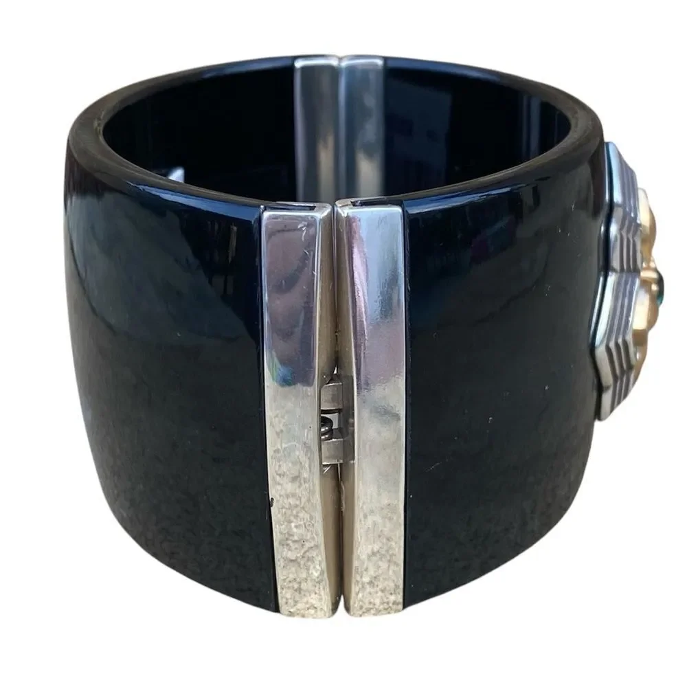 NWT New Brighton Monarch Joy Hinged Black/Silver Gold Bangle w/Green Crystal